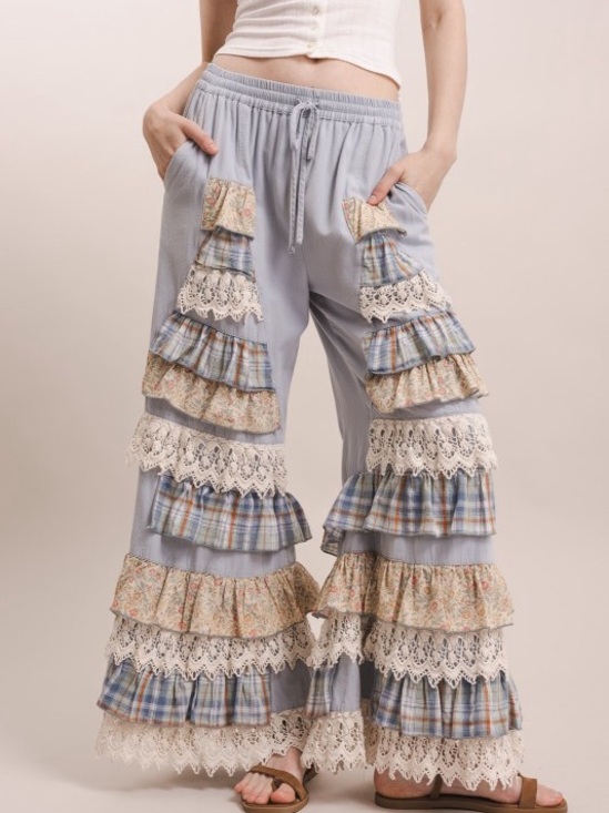 Bluevelvet Pants - Bluevelvet mineral washed lace embroidered patchwork ruffle bohemian floral pant